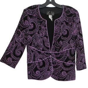 Alex Evenings Vintage Jacket 3/4 Sleeve Academia Cottage Glitter Black Purple PL